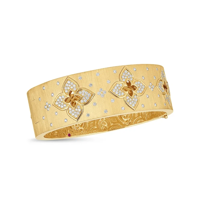 Roberto Coin 18K Yellow Gold Venetian Princess Diamond Flower Satin Bangle Bracelet