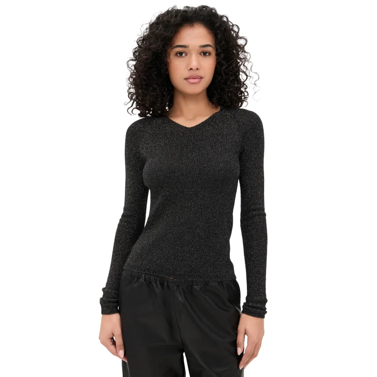 Vince Metallic High V Neck Pullover Black Metallic S