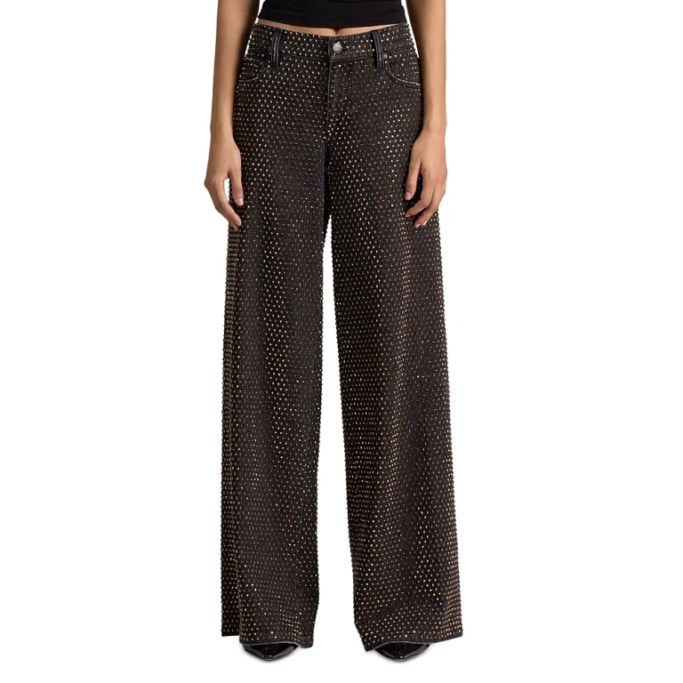 Alice and Olivia Amazing Low Rise Embellished Wide Leg Jeans in Den Lack