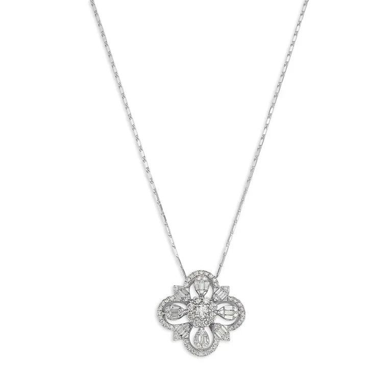 Diamond Baguette & Round Quatrefoil Pendant Necklace in 14K White Gold, 1.20 tcw