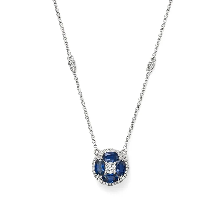 Blue Sapphire and Diamond Pendant Necklace in 14K White Gold, 17