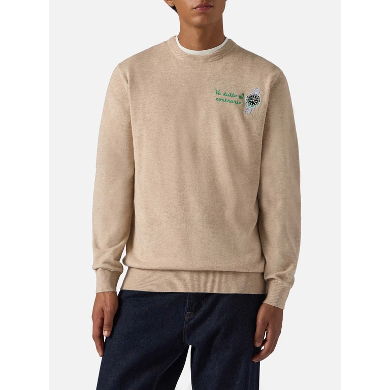 Mc2 Saint Barth Crewneck Sweater Heron Light With Va Tutto Al Contrario Embroidery Brown - Men