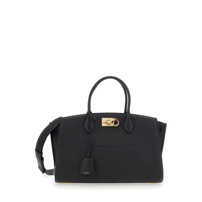 Ferragamo Black Handbag With Adjustable And Removable Shoulder Strap And Gancini Turn-lock Closure In Grained Leather Woman