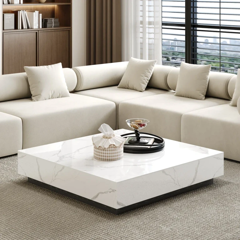 39" Square Sintered Stone Block Coffee Table With Wood Base