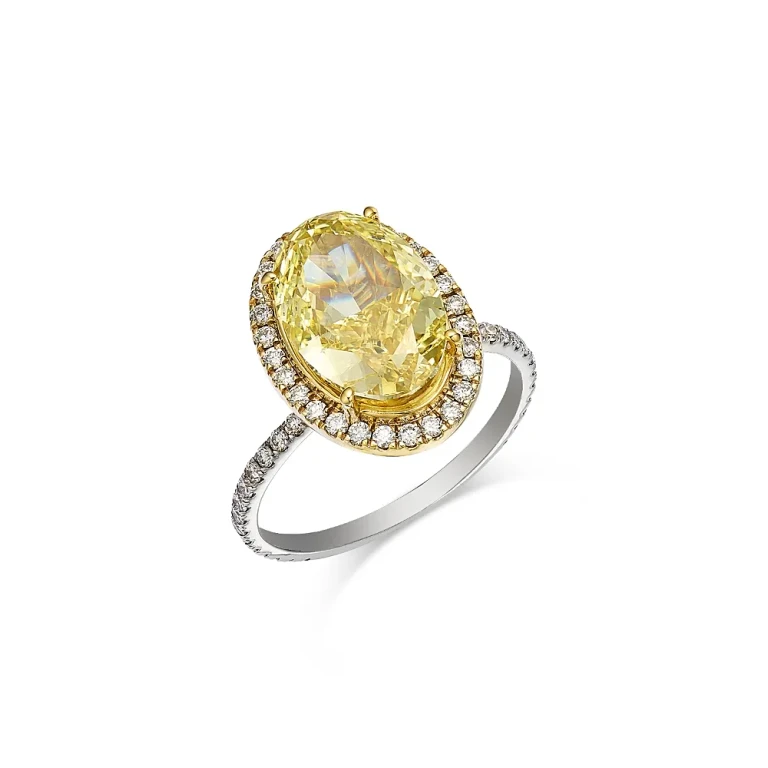 Certified Lab Grown White & Yellow Oval Diamond Halo Engagement Ring in 18K White & Yellow Gold, 4.5 tcw