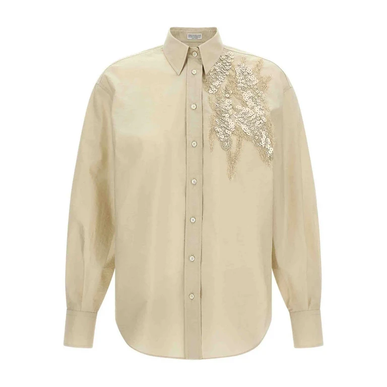 Beige Hemd aus Baumwollmischung mit Paillettenstickerei