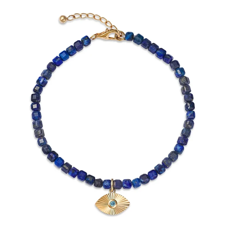 London Blue Topaz & Lapis Lazuli Bead Evil Eye Charm Bracelet in 14K Yellow Gold