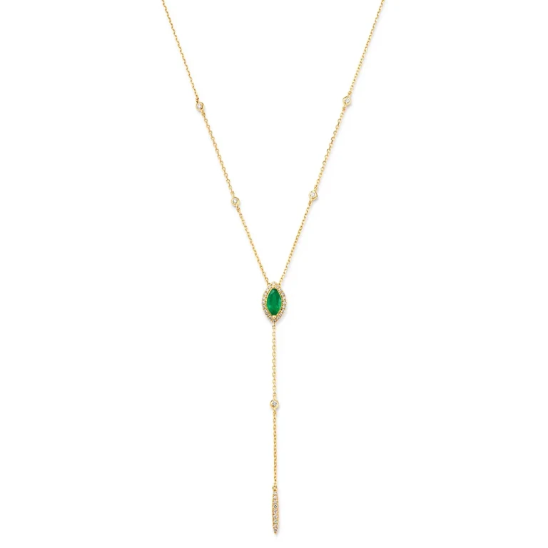 Emerald & Diamond Lariat Necklace in 14k Yellow Gold, 16-18
