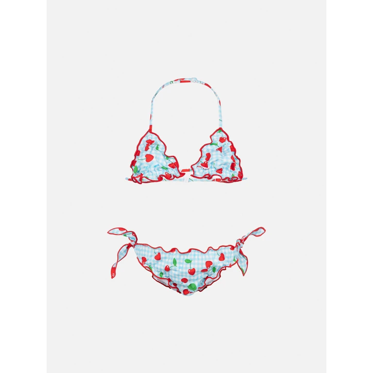 Mc2 Saint Barth Cris Classic Triangle Bikini With Cherry And Gingham Print Sky