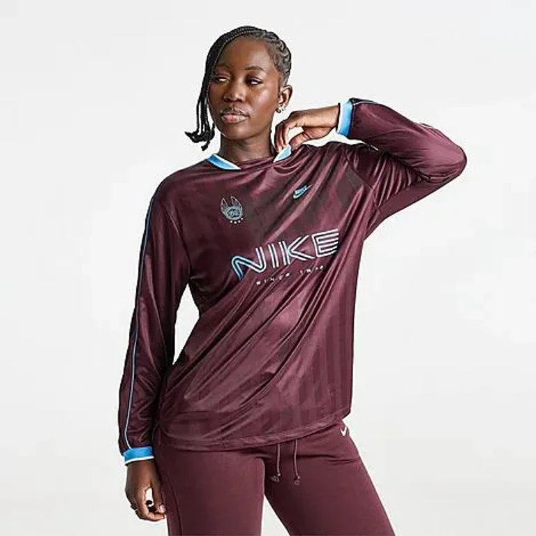 Nike Women's Sportswear Long-Sleeve Jersey Top in Burgundy Crush/Baltic Blue Size: XS