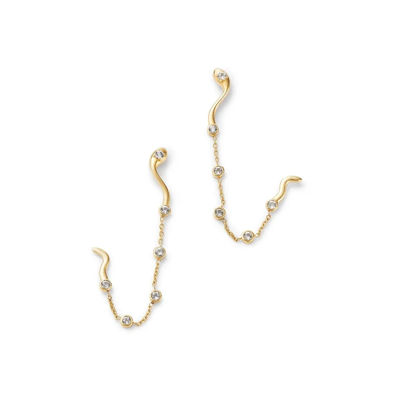 14K Yellow Gold White Topaz Snake Motif Two Stud Chain Earrings