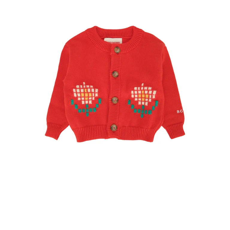 Bobo Choses Pixel Daisy Cardigan Red Organic Cotton Maglieria