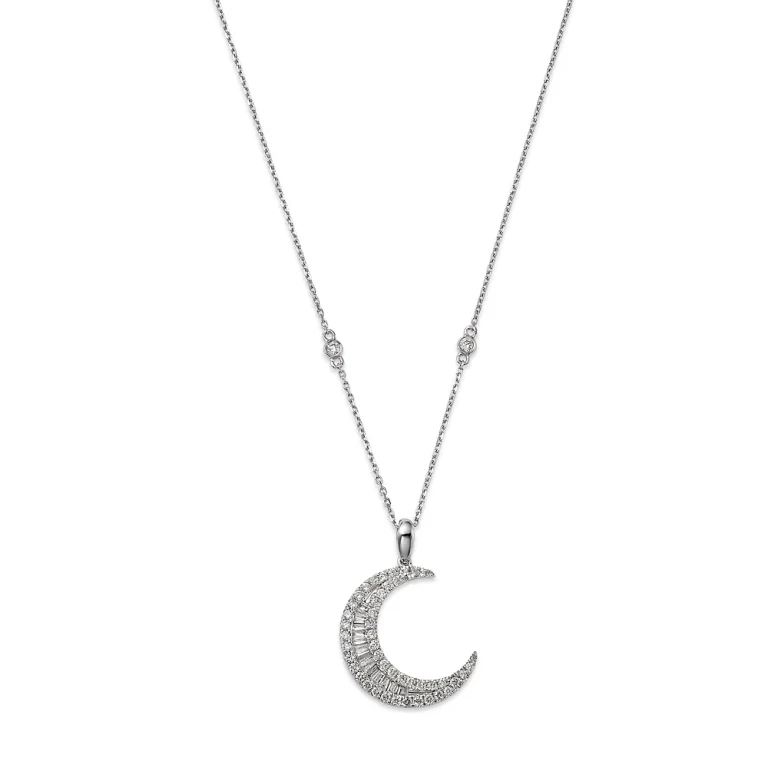 Diamond Baguette & Round Crescent Pendant Necklace in 14K White Gold, 0.62 tcw