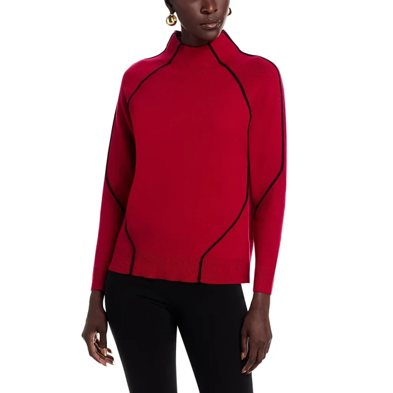 T Tahari Long Sleeve Funnel Neck Contrast Tubular Sweater