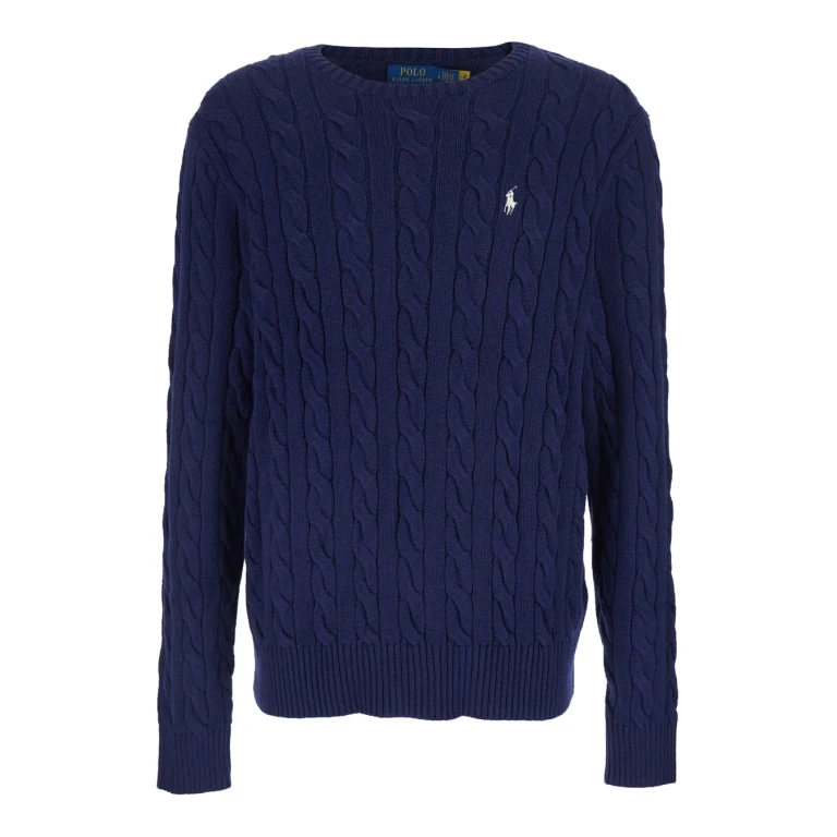 Polo Ralph Lauren Blue Crewneck Sweater With Braided Knit And Pony Embroidery On The Front In Cotton Man