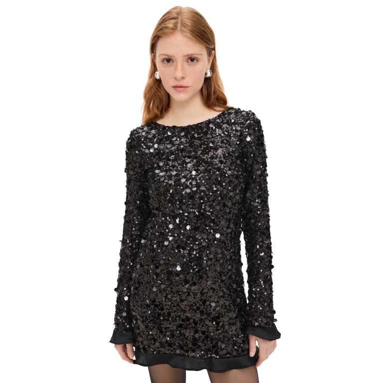 Show Me Your Mumu Maddison Ruffle Dress Black Metallic Sequins XS