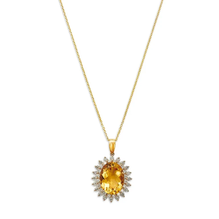 Citrine & Diamond Halo Pendant Necklace in 14k Yellow Gold, 16