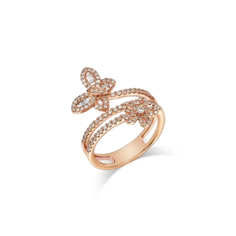 Diamond Butterfly & Flower Bypass Ring in 14K Rose Gold, 0.57 tcw