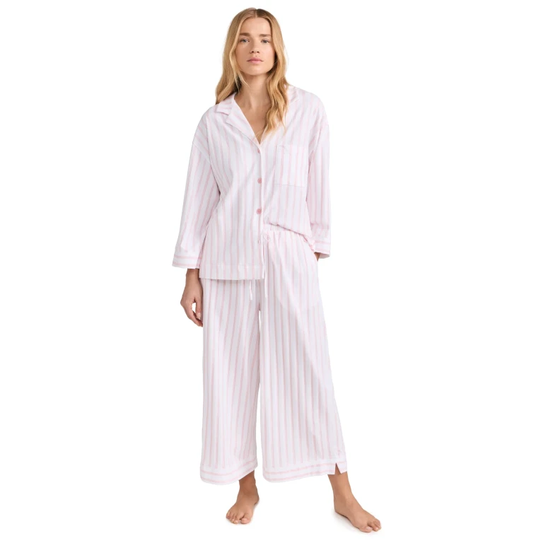 Petite Plume Women's Luxe Pink Stripe Wide Leg Pajama Set White/Pink L