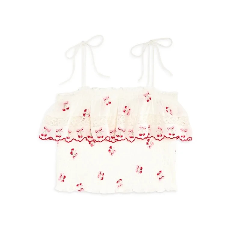 LoveShackFancy Girls' Fatima Cherry Embroidered Smocked Top - Big Kid