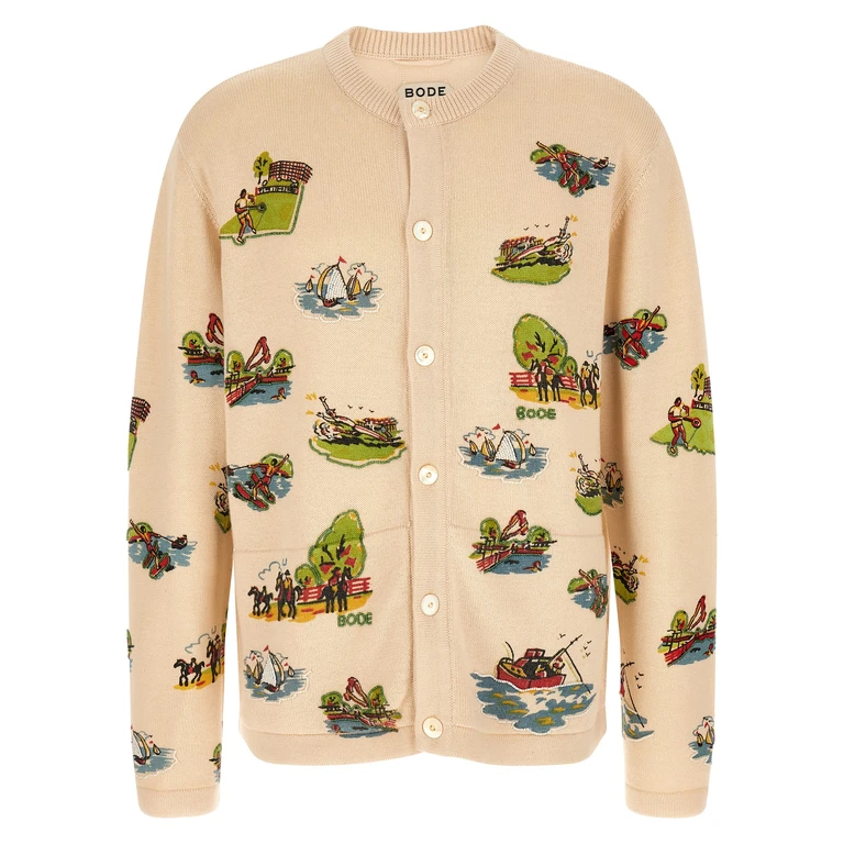 Bode Beaded Camp Cardigan Merino Wool Sweater, Cardigans - Men