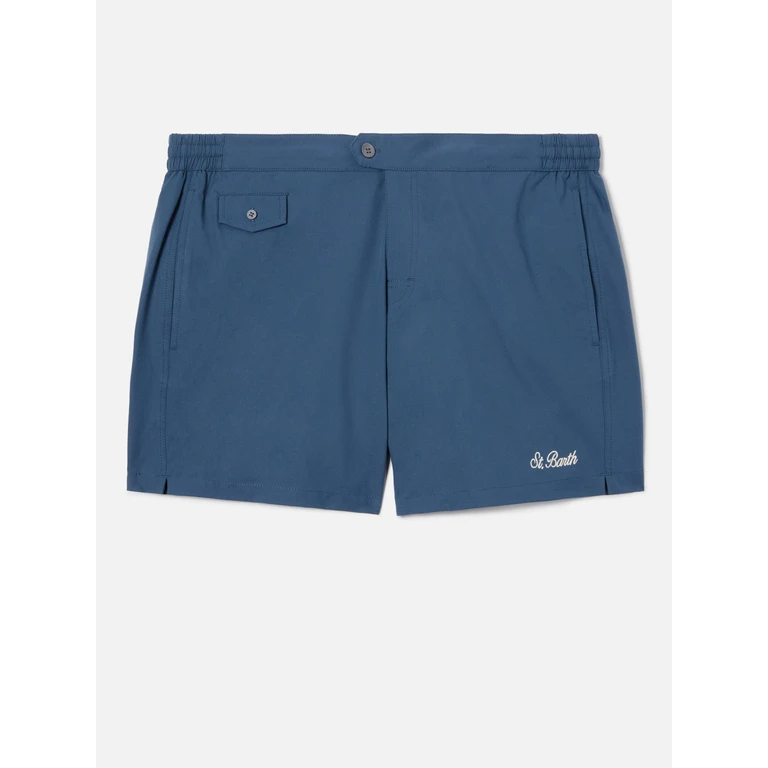 Mc2 Saint Barth Capferrat Swim Shorts Solid Navy Blue With Embroidered Logo Swimshort - Men