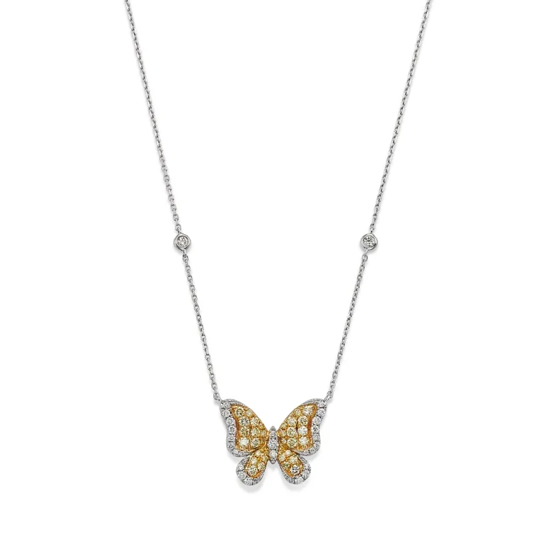 White & Yellow Diamond Butterfly Necklace in 14K Yellow & White Gold, 18