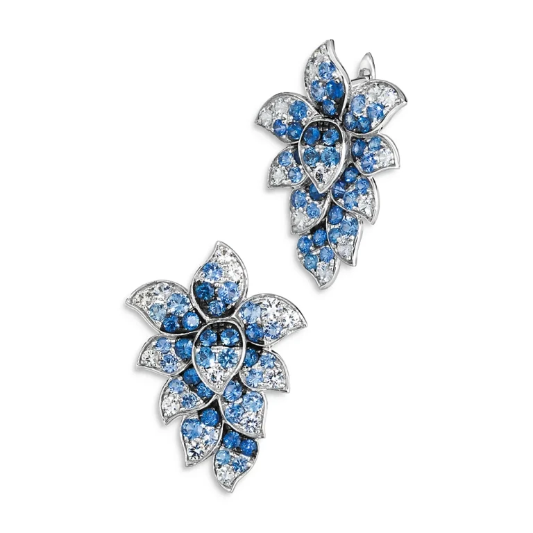 Sapphire Ombre & White Sapphire Cluster Statement Earrings in 14K White Gold