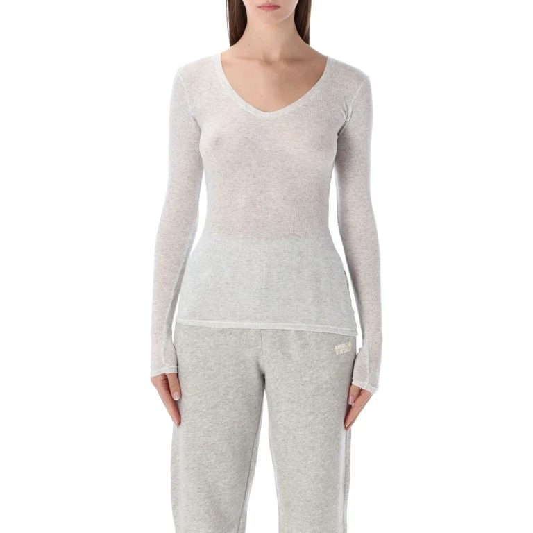 Long-Sleeved V-Neck T-shirt in Sheer Cotton (MAS02DNAVY)