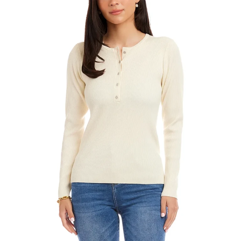 Karen Kane Henley Ribbed Knit Sweater