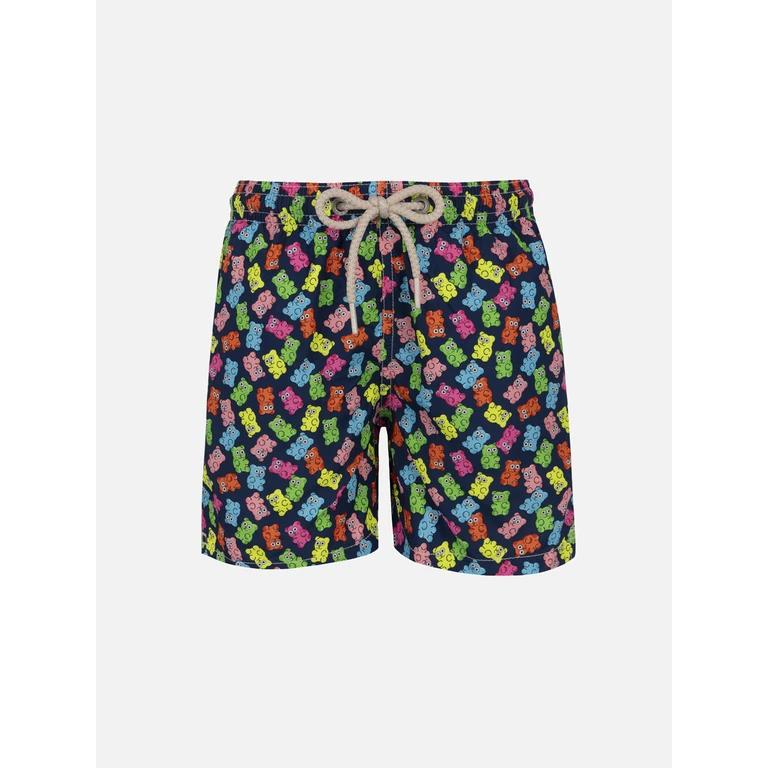 Mc2 Saint Barth Boy Lightweight Fabric Swim-Shorts Jean Lighting With Candy Bears Print Blue Swimshort