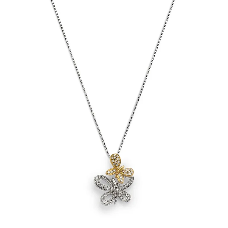 Diamond Butterfly Pendant Necklace in 14K Two Tone Gold, 0.25 tcw