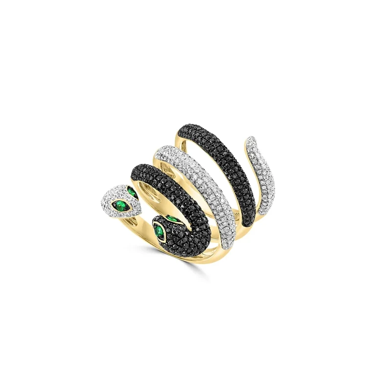 Tsavorite, Black & White Diamond Snake Ring in 14K Yellow Gold