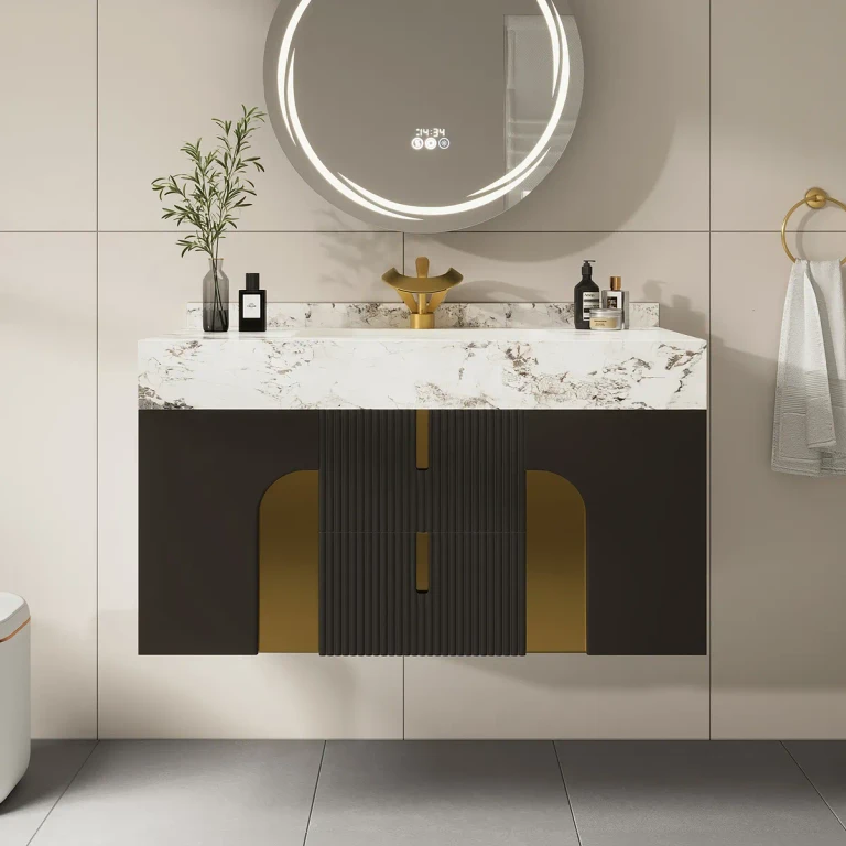 36" Bathroom Vanity Cultured Marble Wall Mounted with Ceramic Single Sink Modern Style Beige