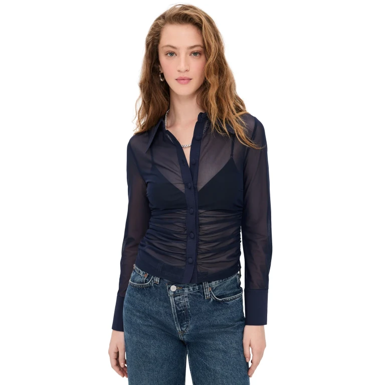 L'AGENCE Isola Long Sleeve Mesh Button Down Midnight S
