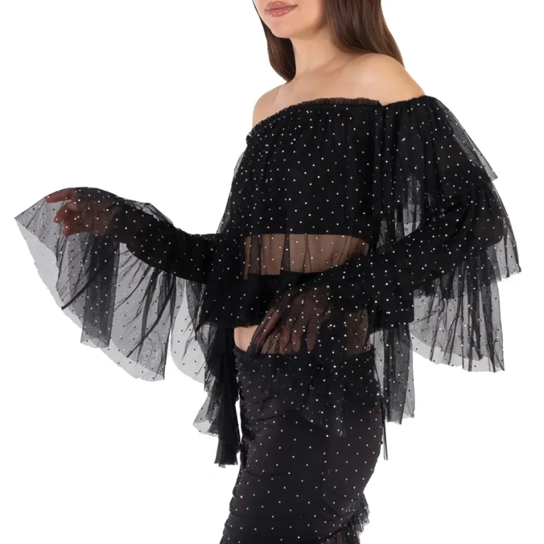 Rotate Rhinestone-Embellished Ruffled Mesh Cropped Top