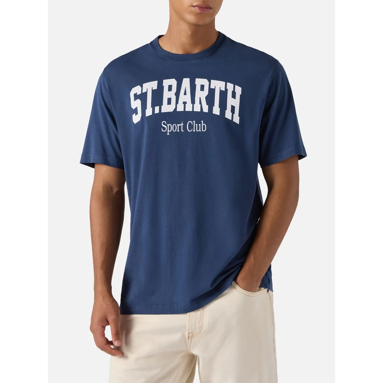 Mc2 Saint Barth Arnott Cotton T-Shirt Blue With St. Barth Sport Club Print - Men