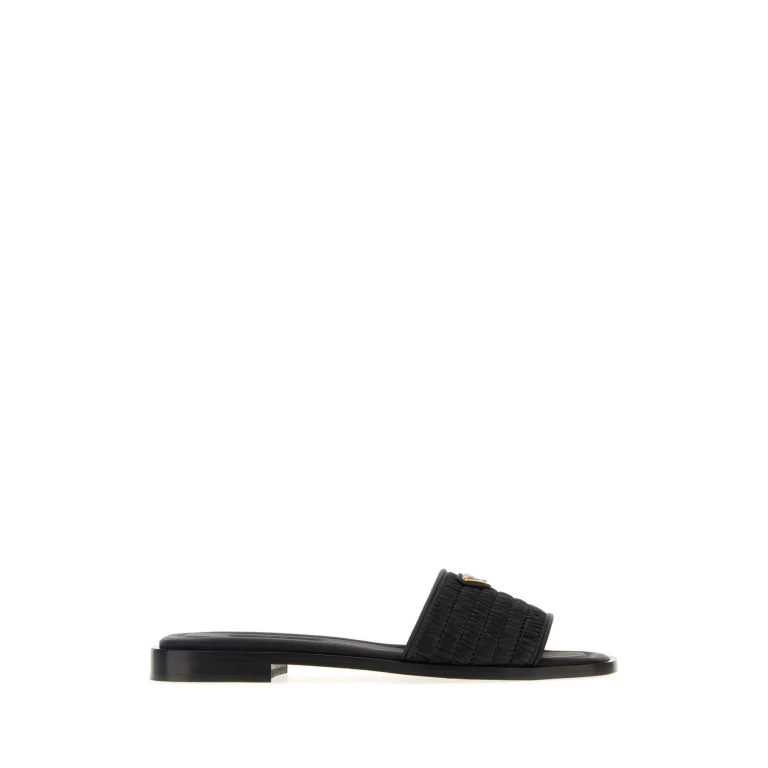 Prada Black Raffia And Leather Slippers