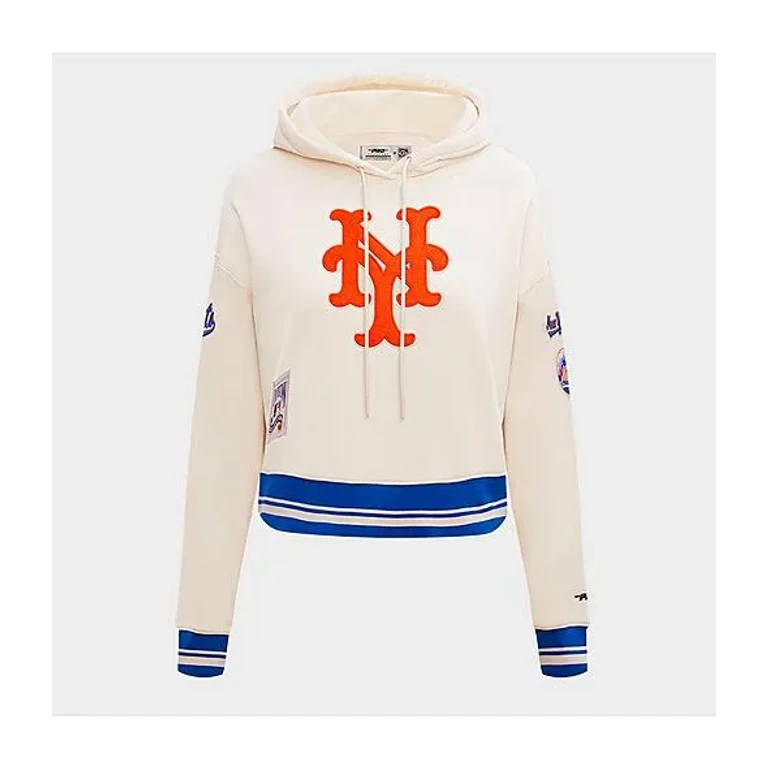 Pro Standard Women's New York Mets MLB Retro Classic Fleece Cropped Pullover Hoodie in Eggshell/Royal Blue Size: XS