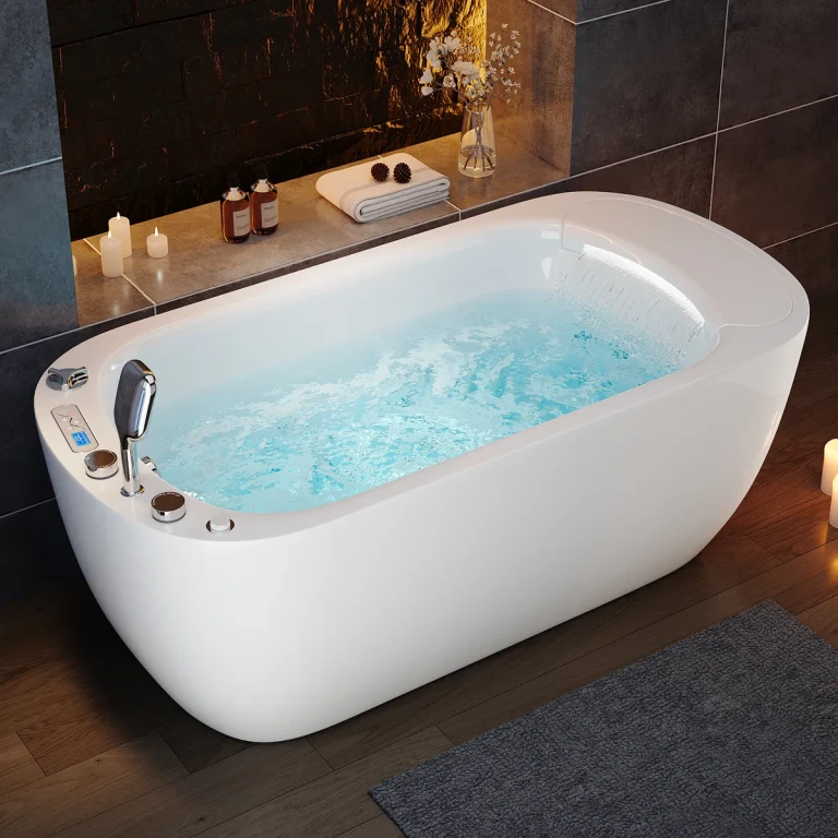66.7" Rectangular Jacuzzi Bathtub Acrylic with Jetted Massage & LED-Lit Waterfall Pillow Modern