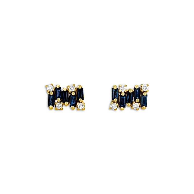 Suzanne Kalan 18K Yellow Gold Shimmer Blue Sapphire & Diamond Baguette Cluster Stud Earrings