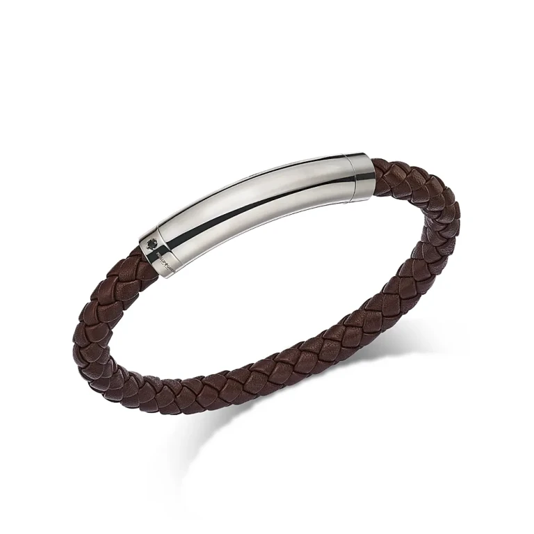 Men's Blue Sapphire Brown Woven Leather Bracelet in Sterling Silver