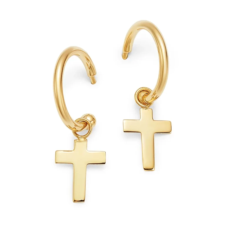 14K Yellow Gold Small Dangling Cross Hoop Earrings - Exclusive