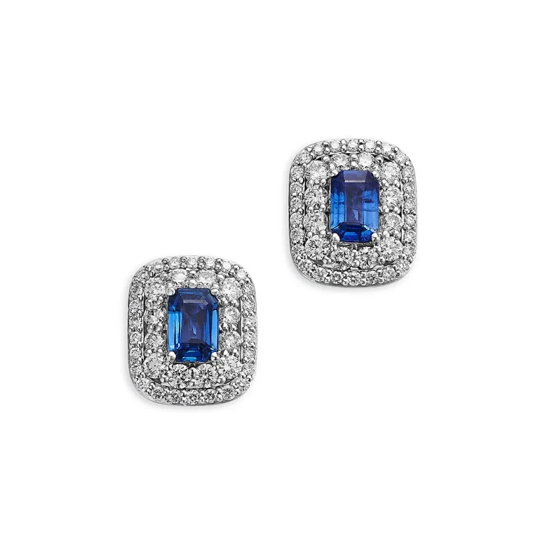 Sapphire & Diamond Double Halo Statement Stud Earrings in 14K White Gold