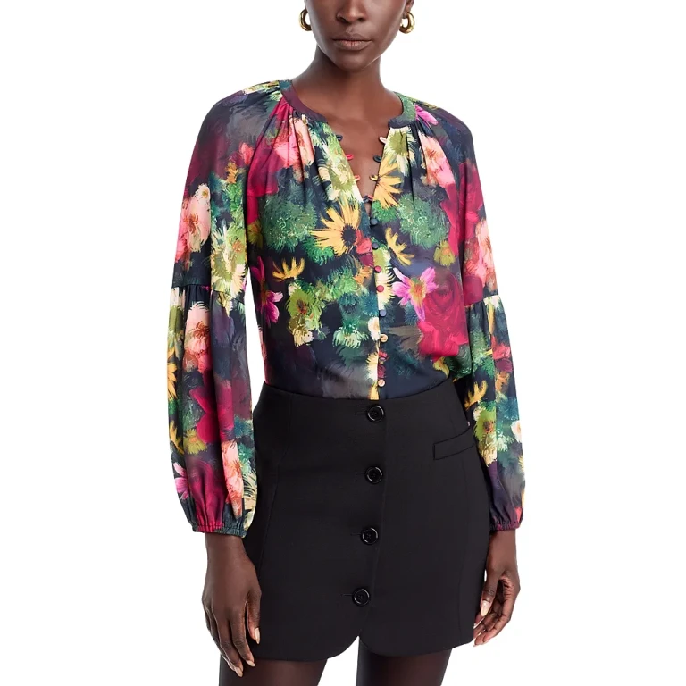 T Tahari Floral Split Neck Button Down Blouse