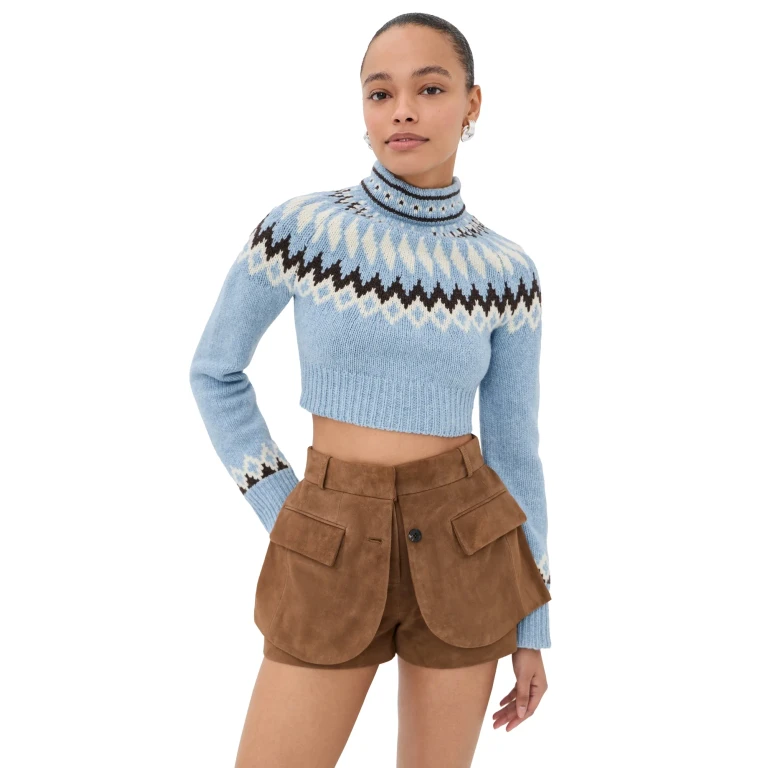 Monse Cropped Fair Isle Knit Sweater Sky Blue Multi XS