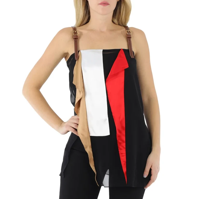 Burberry Black Leather Detail Colour Block Silk Top