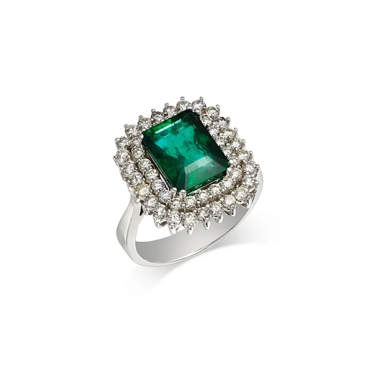 Emerald & Diamond Double Halo Ring in 14K White Gold