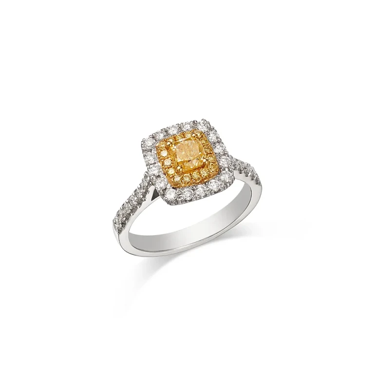 White & Yellow Diamond Cushion Square Halo Ring in 18K Yellow & White Gold, 1.15 tcw