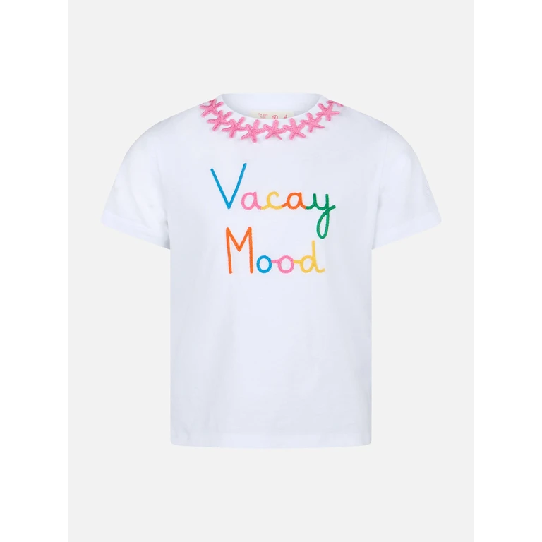 Mc2 Saint Barth Girl Cotton Jersey Crewneck T-Shirt Elly With Vacay Mood Embroidery White